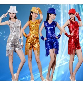 Gold silver royal blue red  sequined fringe women's ladies female modern stage performance  dance jazz dance costumes sets 